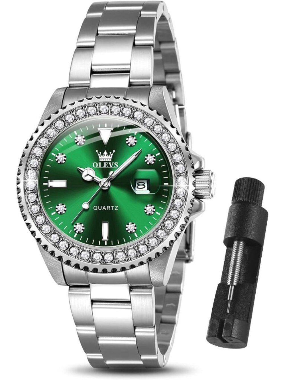 Womens Silver Green Stainless Steel Luxury Ladies Waterproof Writs Diamond Watch